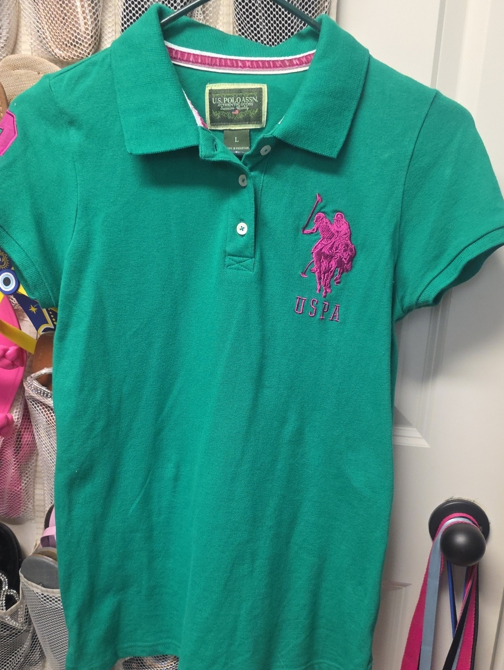 U.S. Polo Assn. Green Short-Sleeve Polo with Pink Embroidered Logo